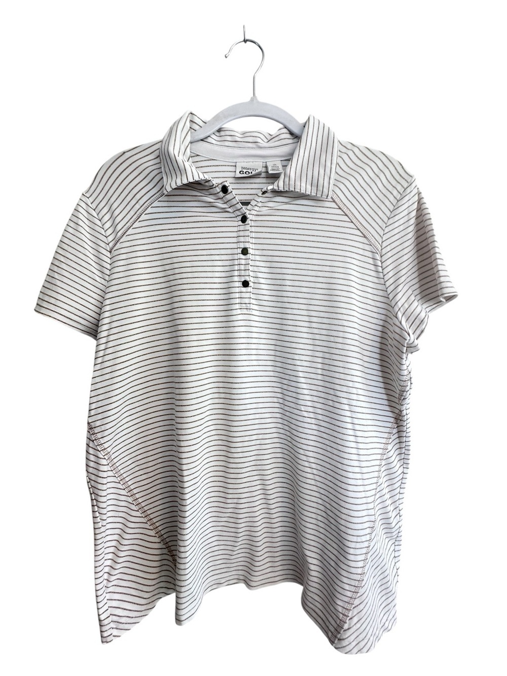 ZENERGY GOLF Chico’s striped black white Stretch Golf Top Sz L polo